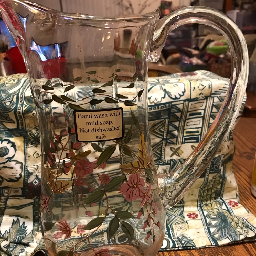 Vintage 1950's Romanian Crystal Water Pitcher Handpainted Floral Design